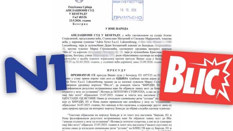 N1 izgubio dva spora protiv Blica, Apelacioni sud potvrdio da Blic nije nazivao studente ustašama